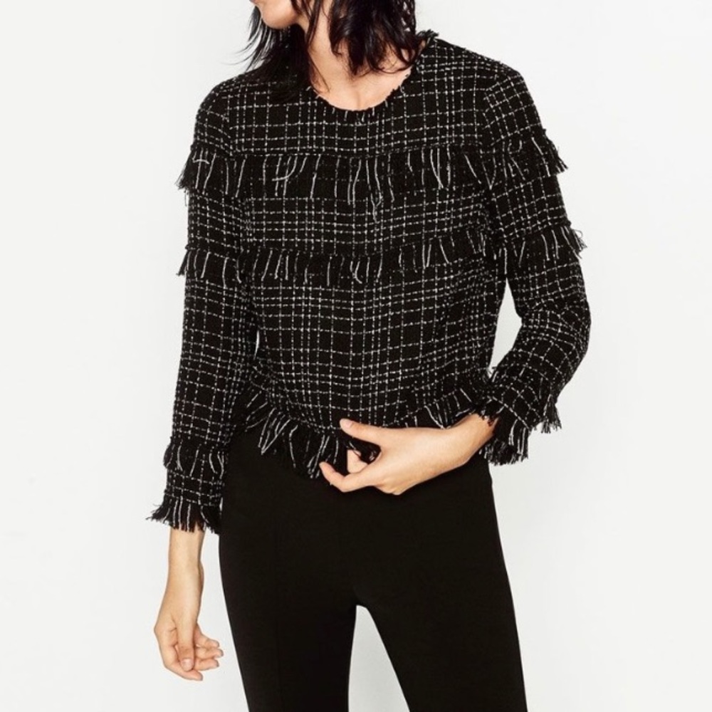 Zara Women’s Black Tweed Shirt Cropped Size Medium